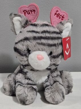 Plush Gray Striped Tabby Kitten Stuffed Animal - Pink Hearts Purr-Fect